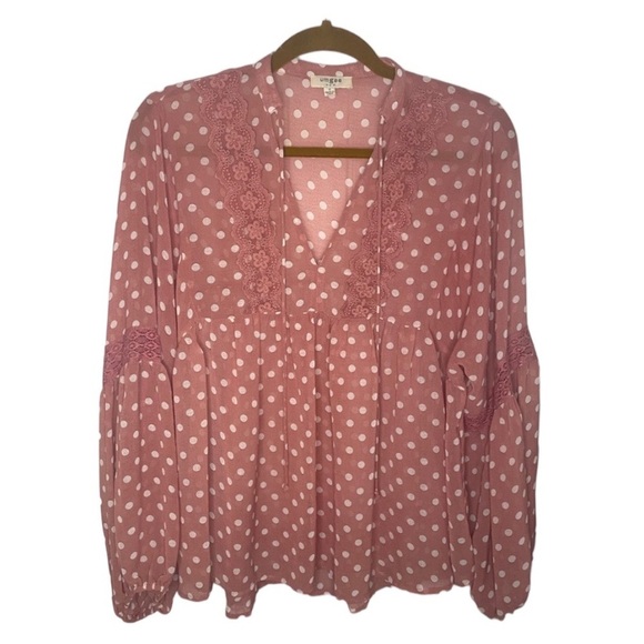 Umgee Mauve sheer polka dot peplum blouse with bell sleeve and lace deta… - Picture 1 of 7